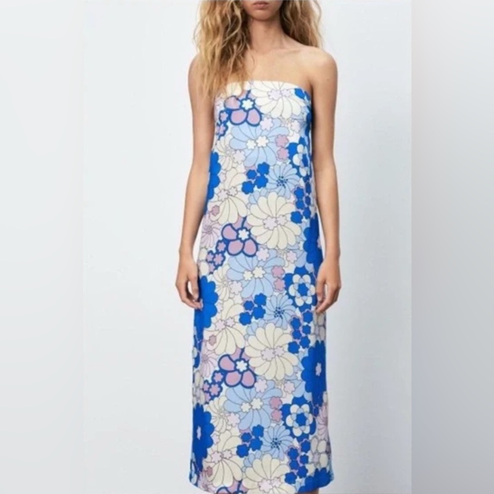 Zara Blue Floral Strapless Midi Dress